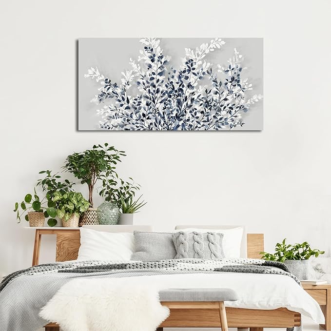 NINEASO Botanical Flowers Wall Art - Indigo Blue and White Floral Canvas Pictures Spring Blooming Painting Gray Background Printing Artwork Living Room Bedroom Home Office Wall Decor 20" x 40"