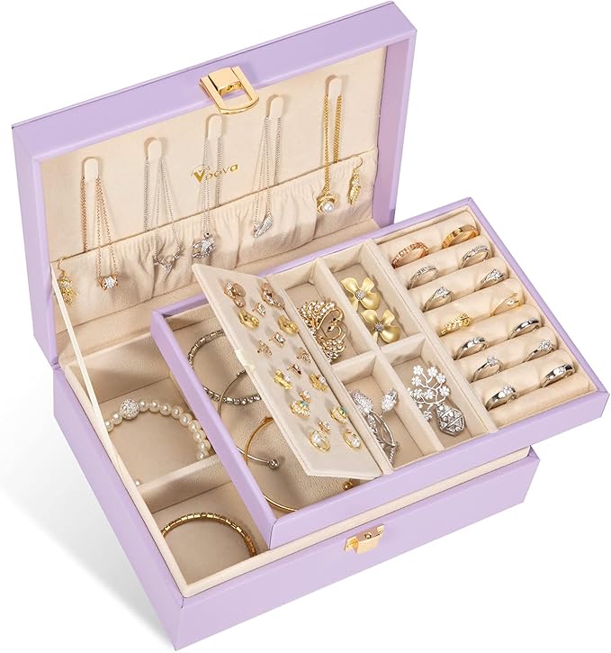 Voova Jewelry Box Organizer for Women Girls, 2 Layer Large Men Jewelry Storage Case, PU Leather Display Jewellery Holder with Removable Tray for Necklace Earrings Rings Bracelets,Vintage Gift,Lavender