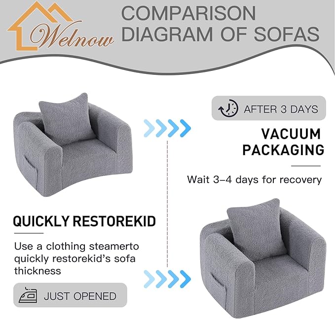 Welnow Kids Sofa with Pillow, Cozy Toddler Chair Soft Foam Seat for Reading, Children's Couch with Armrest Lightweight Comfy Kids Furniture for Bedroom, Playroom for Boys and Girls, Sherpa Grey