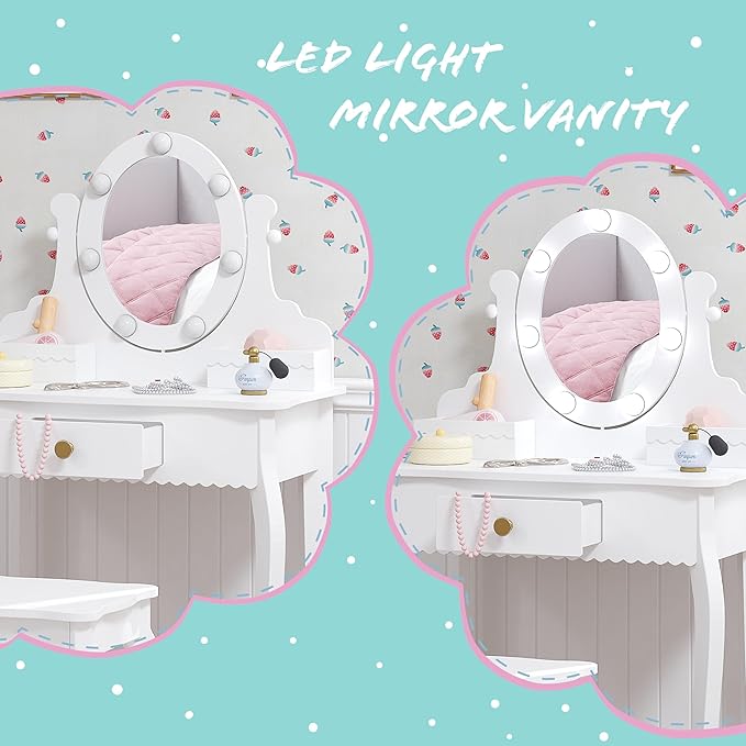 Spirich Kids Vanity, Girls Vanity Set with Mirror and Stool and Lights, Kids Vanity Table and Chair Set,Wooden Princess Makeup Desk Dressing Table