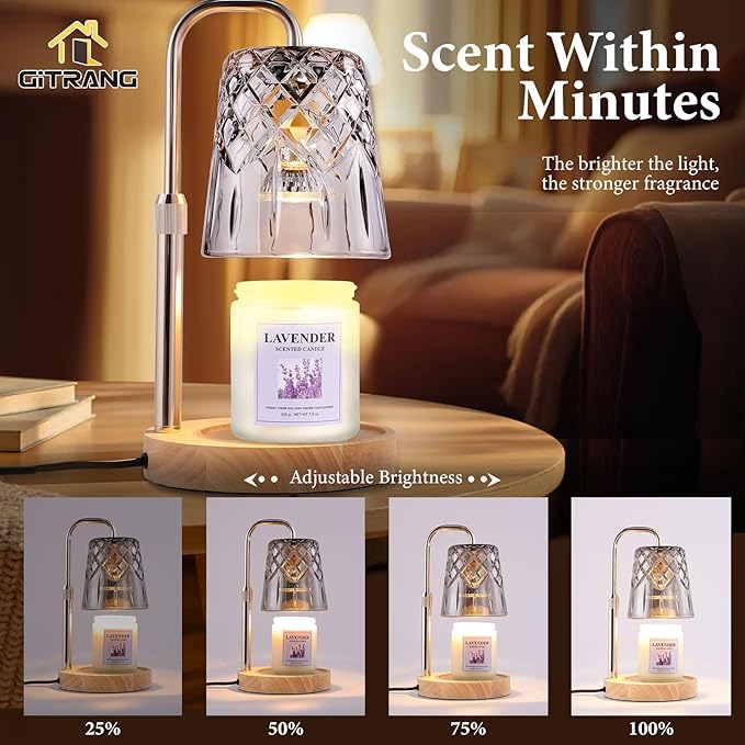 Candle Warming Lamp with Timer Dimmer, Adjustable Height Electric Wax Melt Warmer for Jar Candles with 3 Bulbs, Mother's Day Women's Home Decor Gift, Round Base with Champagne Color Pole