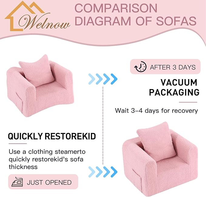 Welnow Kids Sofa with Pillow, Cozy Toddler Chair Soft Foam Seat for Reading, Children's Couch with Armrest Lightweight Comfy Kids Furniture for Bedroom, Playroom for Boys and Girls, Sherpa Pink