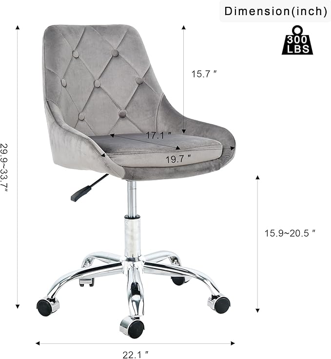 Furnimart 360° Swivel Rolling Desk Chair, Height Adjustable Vanity Chair with Silver Legs, Cute Task Chair with Wheels for Dorm Bedroom Studying Small Places (Velvet Gray)