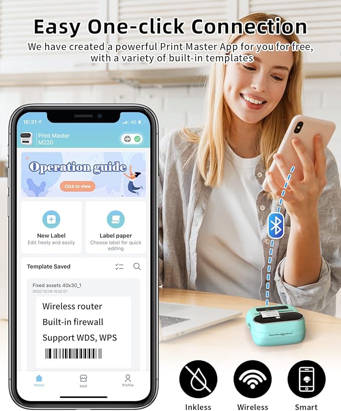 Phomemo M220 Label Maker, New Flagship 3.14 Inch Bluetooth Thermal Label Printer for Barcode, Address, Labeling, Mailing, File Folder, Portable Maker Easy to Use, Support with Smart Phone&PC