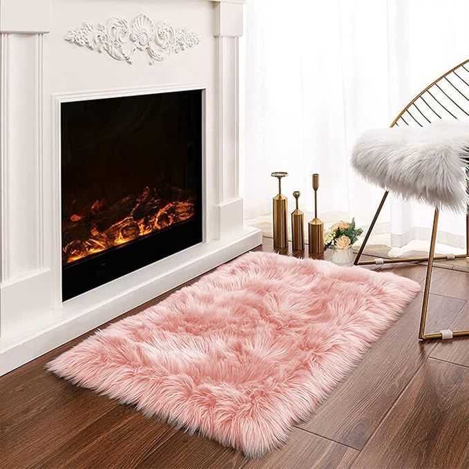 Latepis Pink 2x3 Faux Fur Rug for Bedroom Decor for Teen Girls Throw Fuzzy Fluffy Furry Sheepskin Rug for Sofa Cushion Luxury Home Décor Rectangle