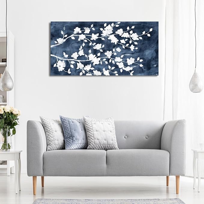 NINEASO Abstract Flowers Canvas Wall Art - Gray White Tree Floral Branches Pictures Wall Decor White Blossom Deep Indigo Blue Background Painting Artwork for Living Room Bedroom Home Decor 20" X 40"