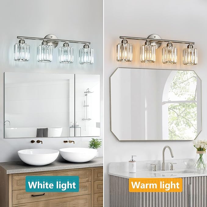 Modern 4 Light Crystal Vanity Light, Brushed Nickel Vertical Bathroom Light Fixture Over Mirror for Dressing Table Sink, Compatible with Dimmable Bulbs (Bulbs Not Included)