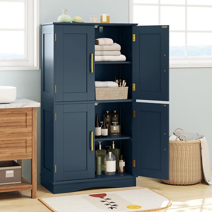 Tangkula Bathroom Floor Storage Cabinet, 43.5" H Freestanding Pantry Cabinet with 4 Doors and 2 Adjustable Shelves, Kitchen Cupboard for Living Room, Dining Room, Bathroom (Navy Blue, 43.5" H)