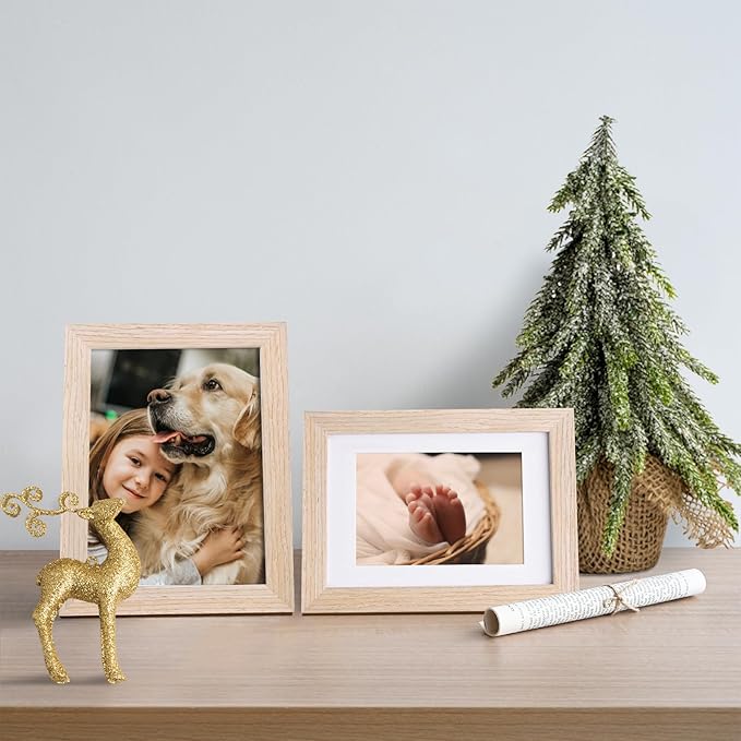 KINLINK A5 Picture Frame Natural, Solid Wood Frames with Acrylic Plexiglass for Pictures 4x6 with Mat or A5 without Mat, Tabletop and Wall Mounting Display, Set of 4