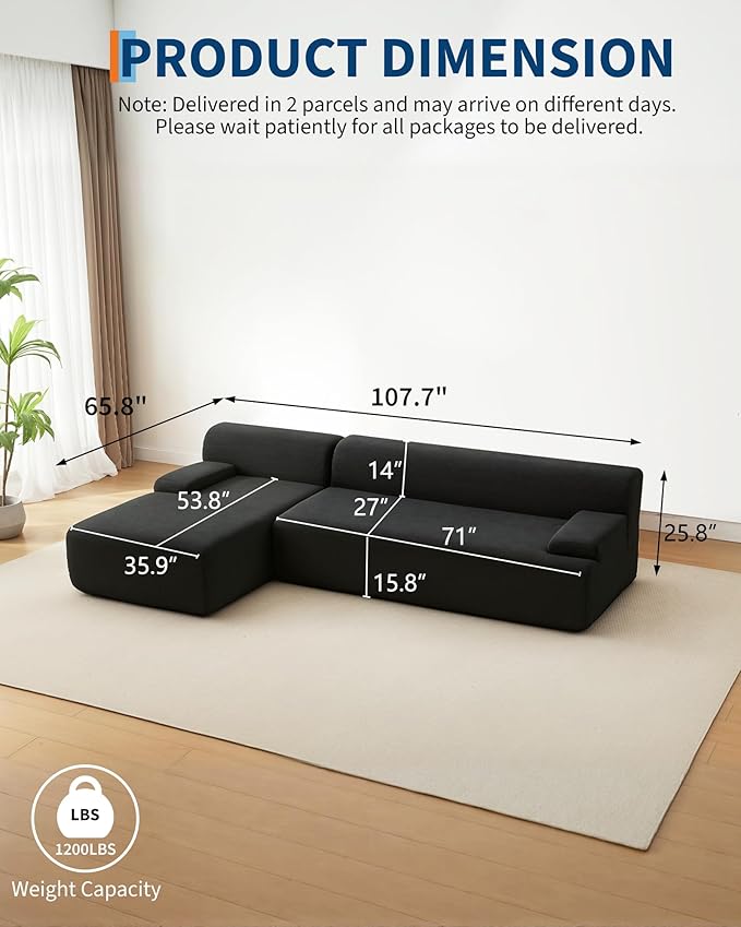 108" Cloud Sectional Couch with Chaise - Super Fluffy Boneless Sofa, Ultra Soft Corduroy L Shaped Couch Bed, Creates Cozy Atmosphere. Perfect Comfy Couches for Living Room, No Assembly Required, Black