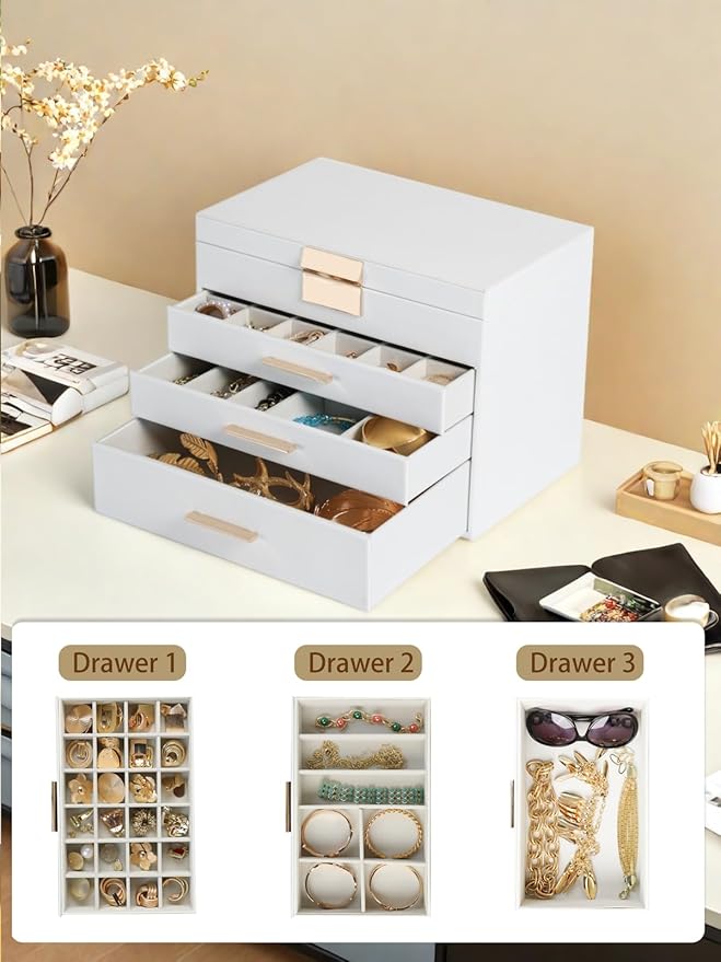 BOOVO Jewelry Boxes for Women, 5 Layer Jewelry Organizer with Necklace Hanger and Drawers, Large Jewelry Box for Earrings, Necklace and Bracelet Storage Gifts for Women and Girls (White, 5 Layer)