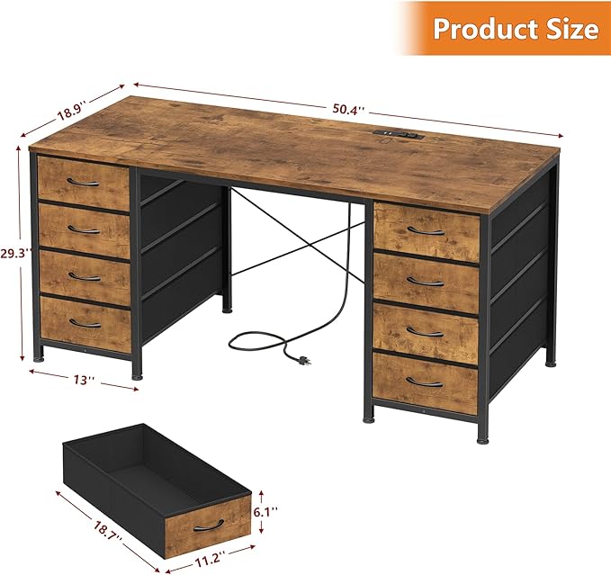 50 Inch Computer Desk with 8 Drawers, Home Office Desk with Power Outlets, Work Study Gaming Desk with 8 Fabric Drawers, Rustic Brown