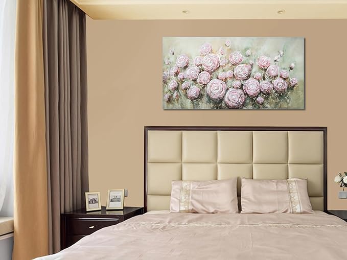 Arjun Pink Rose Wall Art Flower Canvas Painting 3D Textured Floral Silver Grey Artwork Modern Abstract Petals Tranquil Framed Large for Living Room Bedroom Bathroom Home Office Wall Decor, 40"x20"