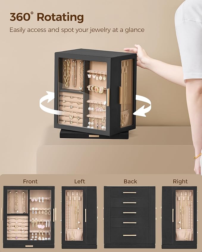 360° Rotating Jewelry Box with 5 Drawers, Spacious Vertical Jewelry Organizer with Glass Window, Jewelry Storage Case, Dustproof & Moisture-resistant Design, Black