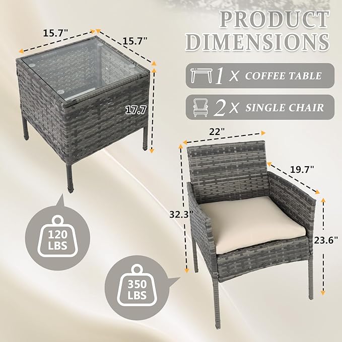 3 Pieces Patio Furniture Set, Outdoor Conversation Sets, Wicker Rattan Chairs for Garden Backyard Balcony Porch Poolside, Set with Glass Table and Soft Cushions (Brown+Beige)