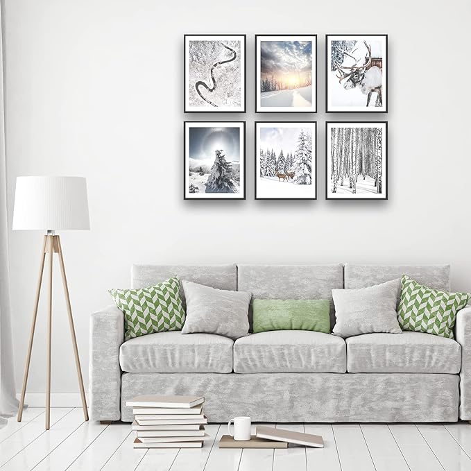 HoozGee Winter Wall Art Prints Set of 6 Canvas Print Artwork Sun Poster Ice Lake Snow Forest Frost Deer Pictures Photography Photo Bedroom Art Wall Decor (8"x10" UNFRAMED, Winter Art)