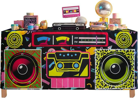 4FT 80s 90s Theme Party Tablecloth, 80s 90s Decorations for Back to 80s 90s Hip Hop Birthday Party