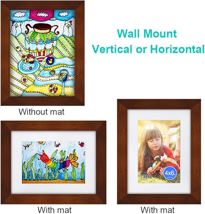 RPJC 6x8 inch Picture Frame Made of Solid Wood and High Definition Glass Display Pictures 4x6 with Mat or 6x8 Without Mat for Wall Mounting Photo Frame Brown