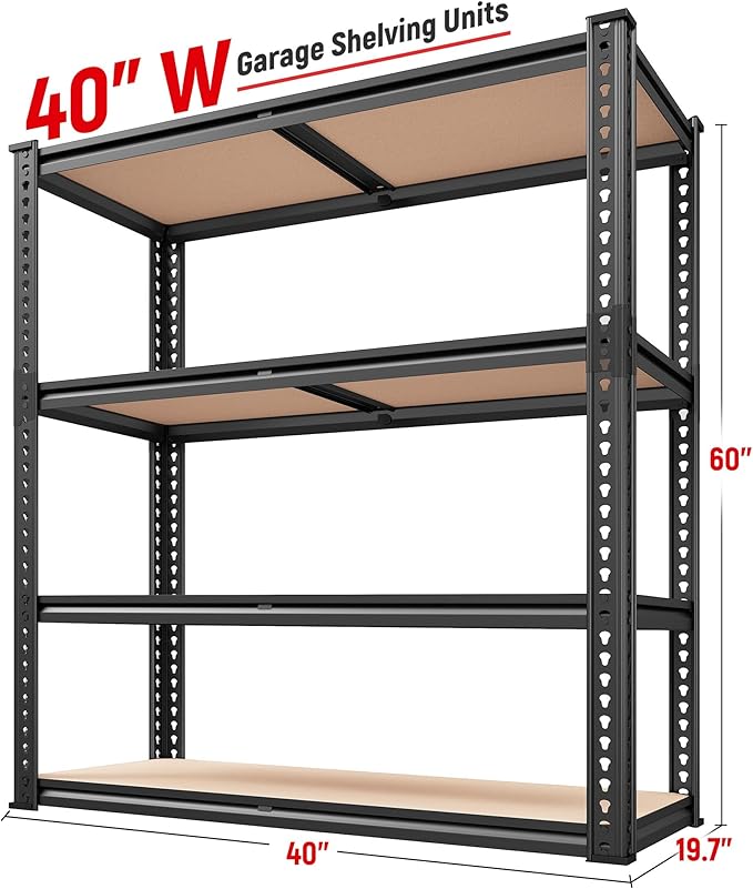 REIBII 40" W Garage Shelving 2000LBS Storage Shelves Adjustable Metal Shelving 4 Tier Metal Shelves Pantry Shelf for Closet Basement Kitchen 40" W x 19.7''D x 60''H