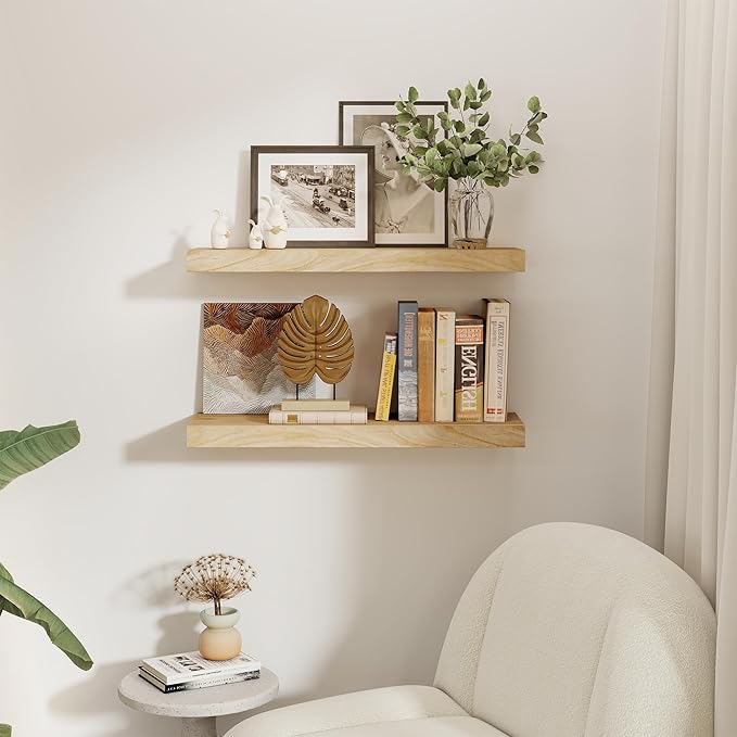 fuqing 30 Inch Floating Shelves for Wall - 9.3 Inch Deep Natural Wood Shelves Set of 2-30W x 9.3D x 1.6H Wall Mounted Shelves with Upgraded Metal Brackets for Room Wall