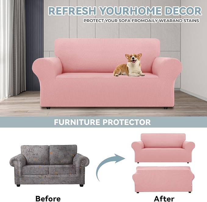LURKA Stretch Loveseat Sofa Slipcovers 1 Piece Couch Covers for Sofa Furniture Protector Full Sofa Covers with Elastic Bottom for Kids and Dog (Medium, Pink)