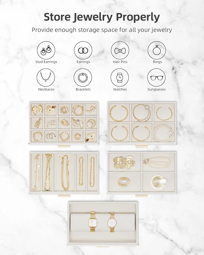Vlando 6 Layer Large Jewelry Box - Jewelry Holder Organizer, Jewelry Box Organizer for Drawer Necklace Ring Bracelet and Watch, Birthday Gift for Loved Ones - White