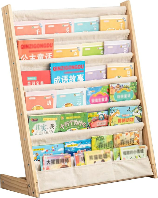 7 Tier Wooden Kids Bookshelf Book Holder Natural Wood Book Rack Storage Bookshelf for Kids Room Study Room Play Room Toy Storage Organizer (W: 24.6")