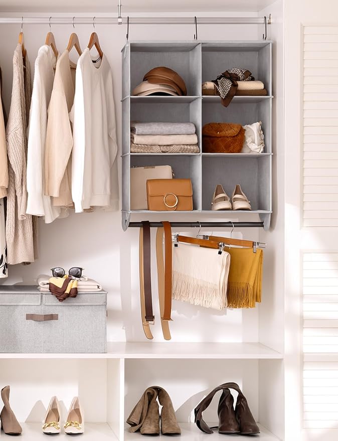 StorageWorks Hanging Closet Organizer with Metal Rod, 6-Section Closet Organizers and Storage, Collapsible Hanging Shelves for Closet, Bedroom, Kids Dorm Room, RV Camper, Grey and White