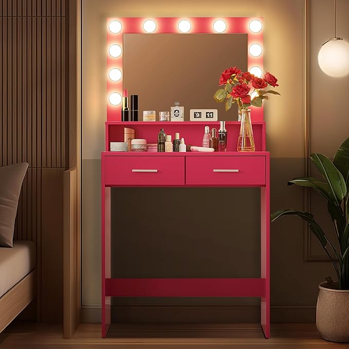 MIRROTOWEL Vanity Desk with Mirror and Lights, Dressing Table with Large Drawer, 2 Level Storage Dresser & 3 Lighting Modes Adjustable Brightness, Suitable for Bedroom