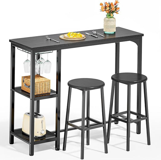 Small Bar Table Set for 2, Bar Table and Chair Set for 2, Kitchen Table for 2 with 2 Storage Shelves & Wine Glass Holder, Dining Table for Small Apartment, Dining Room, Black