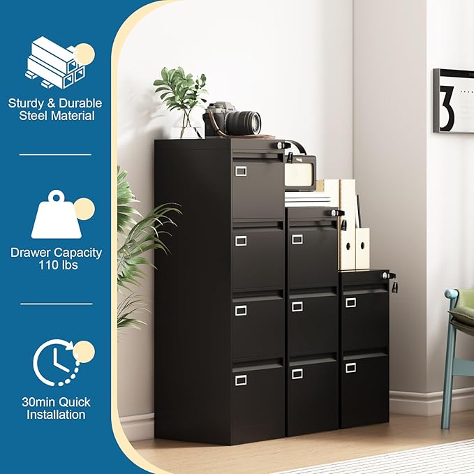 2 Drawer File Cabinet with Lock, Metal Small File Cabinet, Black Filing Cabinets for Home Office, Vertical File Cabinets Locked for A4/F4/Letter/Legal, Easy Assemble