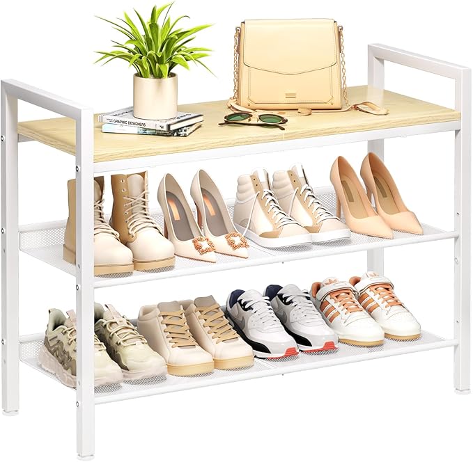Shoe Rack for Front Door Entrance, 3 Tier Shoe Rack for Entryway, Shoe Shelf for Closet, Metal Shoe Racks Organizer with Sturdy Wooden Top & Steel Frame,(White+Beige)