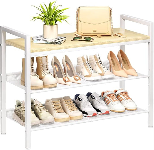 Shoe Rack for Front Door Entrance, 3 Tier Shoe Rack for Entryway, Shoe Shelf for Closet, Metal Shoe Racks Organizer with Sturdy Wooden Top & Steel Frame,(White+Beige)