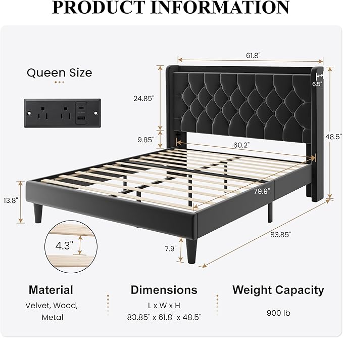 SHA CERLIN Full Size Platform Bed Frame with Charging Station, Velvet Wingback Headboard with Storage Shelf, Wooden Slats Support, Ample Under-Bed Space, No Box Spring Needed, Easy Assembly, Black