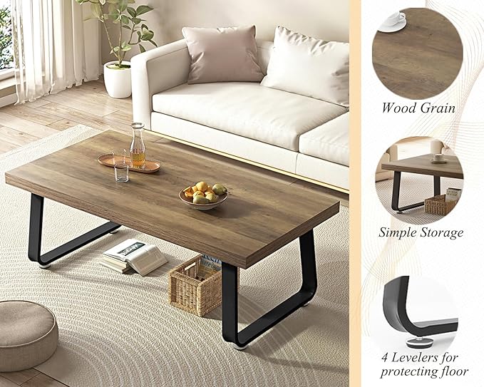 HSH 47" Rustic Industrial Coffee Table - Farmhouse Modern Minimalist Center Table with Wood & Metal Legs,Cocktail Table for Living Room, Bedroom, Home Office, Rustic Oak