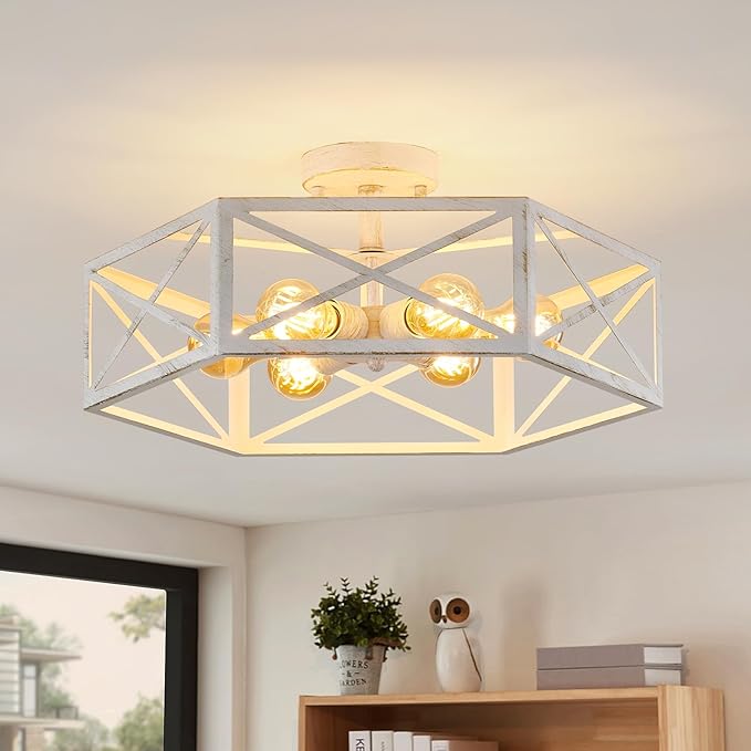 White Flush Mount Ceiling Light, 6 Light Flush Mount Light Fixture, Modern Close to Ceiling Light with Metal Hexagon Cage, Farmhouse Light Fixture for Hallway, Kitchen, Bedroom