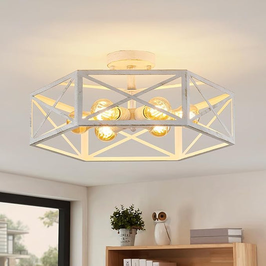 White Flush Mount Ceiling Light, 6 Light Flush Mount Light Fixture, Modern Close to Ceiling Light with Metal Hexagon Cage, Farmhouse Light Fixture for Hallway, Kitchen, Bedroom