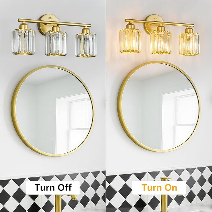 Modern 3 Light Crystal Vanity Light, Gold Vertical Bathroom Light Fixture Over Mirror for Dressing Table Sink, Compatible with Dimmable Bulbs (Bulbs Not Included)