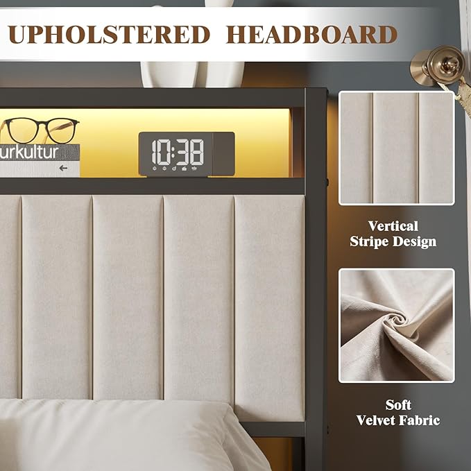 Queen Bed Frame with Folding Bench and Charging Station, Velvet Upholstered Headboard with LED Light and Storage Shelf, Heavy Duty Metal Slats/No Box Spring Needed/Easy Assembly, Beige