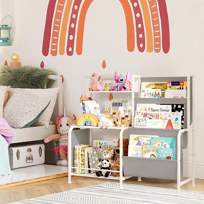 Bookshelf for Kids, 3 Tier Toddler Bookshelf with Toy Storage Organizer, Nursery Book Shelves, Kids Book Shelf Bookcase for Kid Rooms Playroom, White/Grey