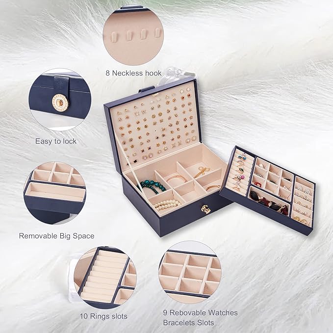Jewelry Box Organizer for Women, Earring Organizer Holder with PU Leather for Birthday Christmas and New Year Gifts-Navy Blue
