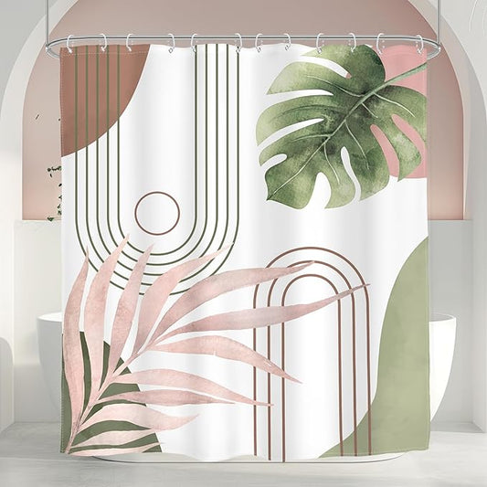 Glawry Abstract Tropical Shower Curtain Extra Long Chic Boho Plant Palm Leaf Watercolor Pink Green Simple Minimalist Bathroom Modern 72Wx84L Inches Bath Accessories Art Home Decor Fabric 12 Pack Hooks