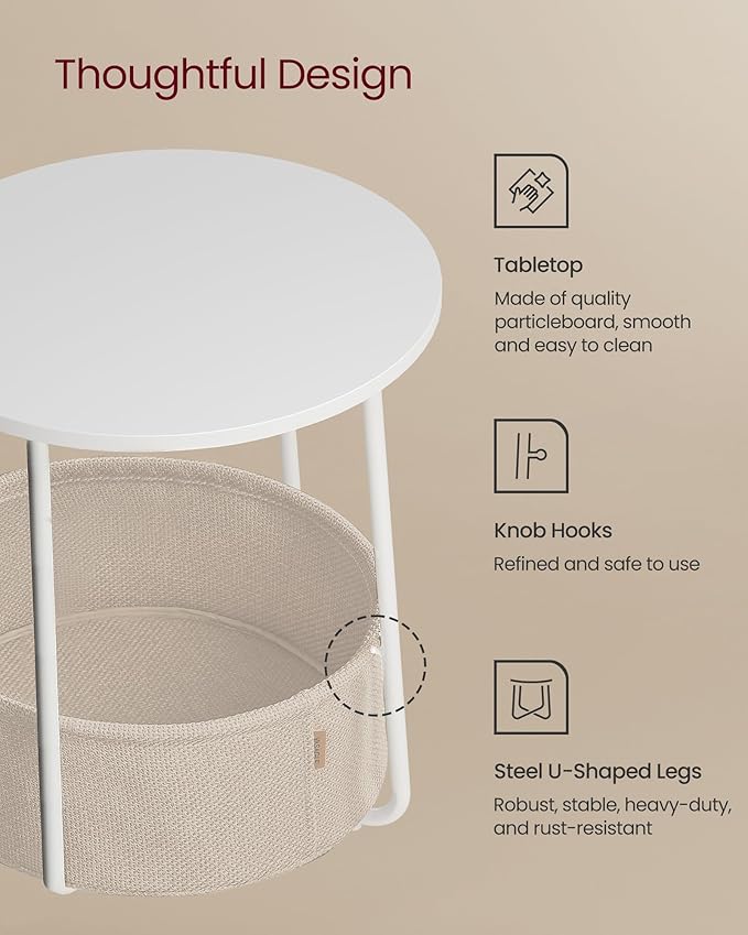 VASAGLE Small Round Side End Table, Modern Nightstand with Fabric Basket, Matte White and Camel Brown ULET223W10