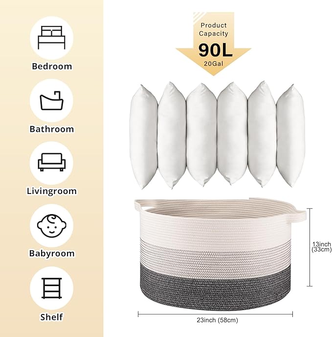 OIAHOMY Extra Large Storage Basket, 23" x 13" Woven Blanket Storage for Living Room, Round Laundry Basket for Pillow-Black and White