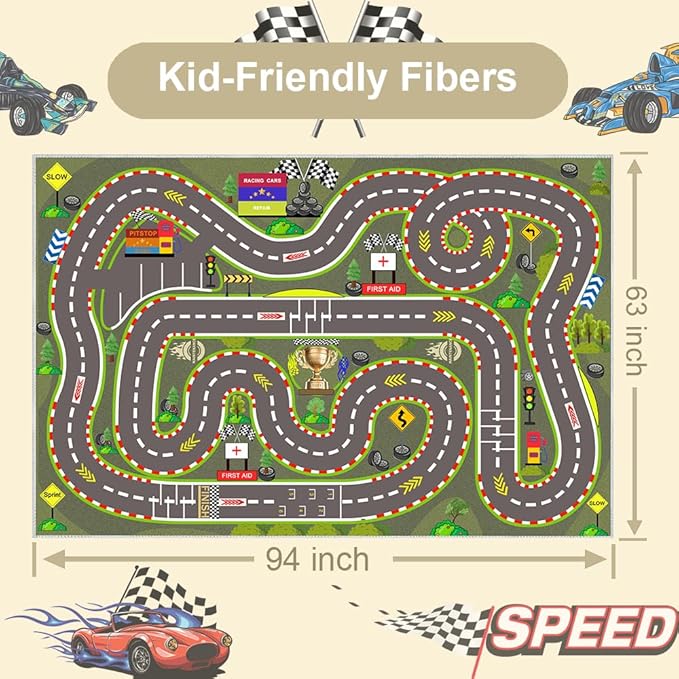 Kids Rug, Race Track Playmat Rugs 94×63 in Kids Carpet with Rubber Backing, Start and Finish line Racing Track Marking Car Road Race 3D Play Mat Nursery Rugs for Children Bedroom Playroom
