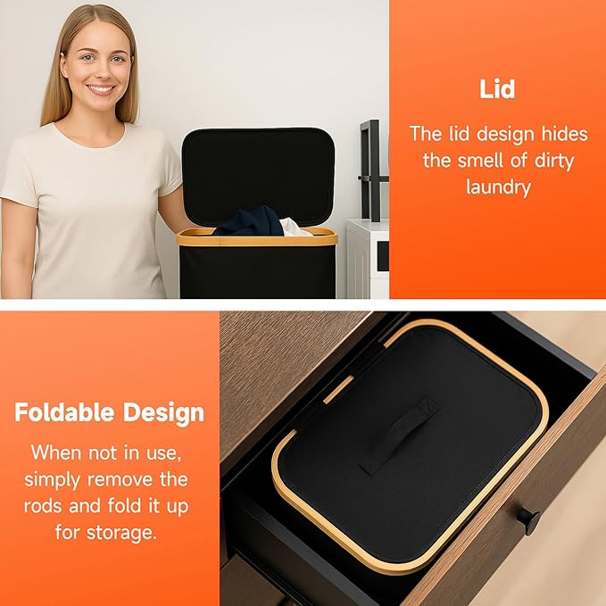 26 Gall/100L Foldable Laundry Hamper with Lid & Collapsible Basket - Clothes Hampers for Laundry with Bamboo Handles and A Removable Bag, Portable Clothes Organizer for Home, Dorm, Travel, Black