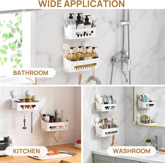 LEVERLOC Shower Caddy Suction Cup 2 Pack, Shower Organizer Removable Bathroom Shelf, Storage Suction Powerful Max Hold 22lbs Bathroom Caddy Waterproof Holder, White