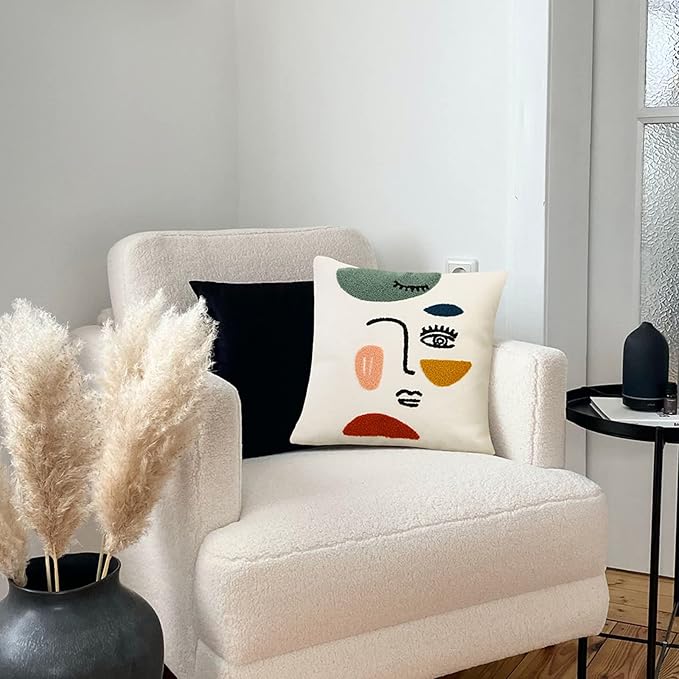 Merrycolor Soft Aesthetic Decorative Throw Pillow Covers 18x18 Modern Abstract Face Art Pillow Covers Colorful Embroidery Square Cushion Case Boho Cute Pillows for Bedroom Couch Sofa Living Room,1PC