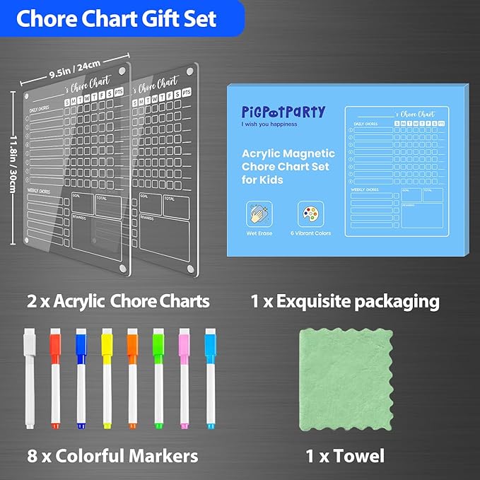 PigPotParty Acrylic Magnetic Chore Chart for Kids on Fridge – 2 Pack 9.5"x12" Weekly Dry Erase Chore Board with 8 Fine Tip Colorful Markers and 1 Towel – for Multiple Kids, Teens and Family