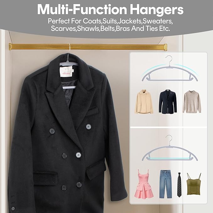 UNEED Hangers 32 Pack, Plastic Non-Slip Black Hangers, No Shoulder Bumps, Curved Design to Protect Clothes Shape (Grey)